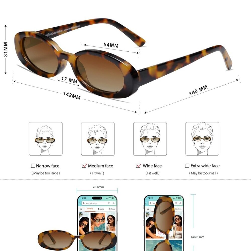 Polarized Retro Oval Sunglasses for Women and Men Small 90s Style VL9580 - Picture 2 of 6